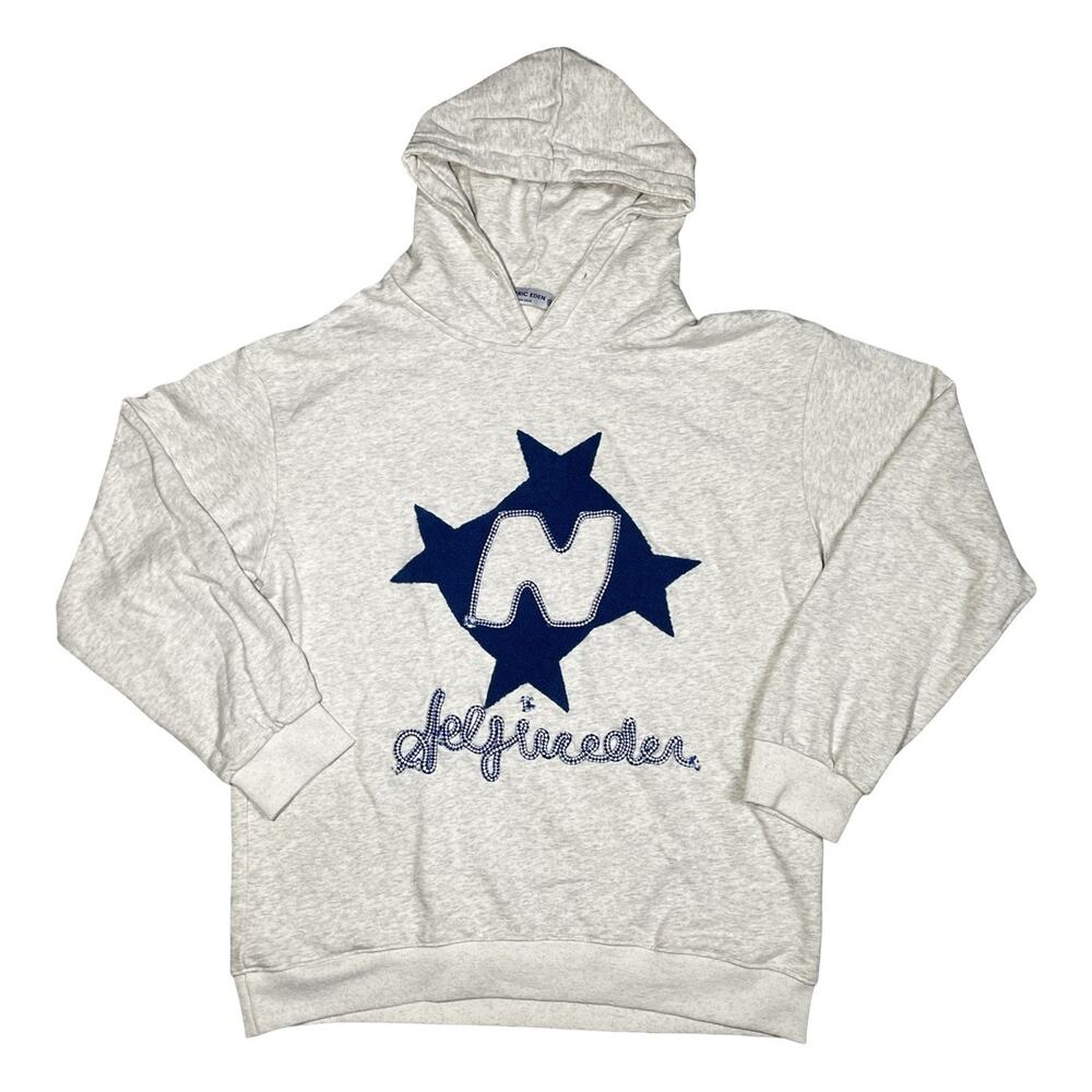 Aelfric Eden Hoodie Mens Medium Gray Blue Star Patch Streetwear Pullover Graphic